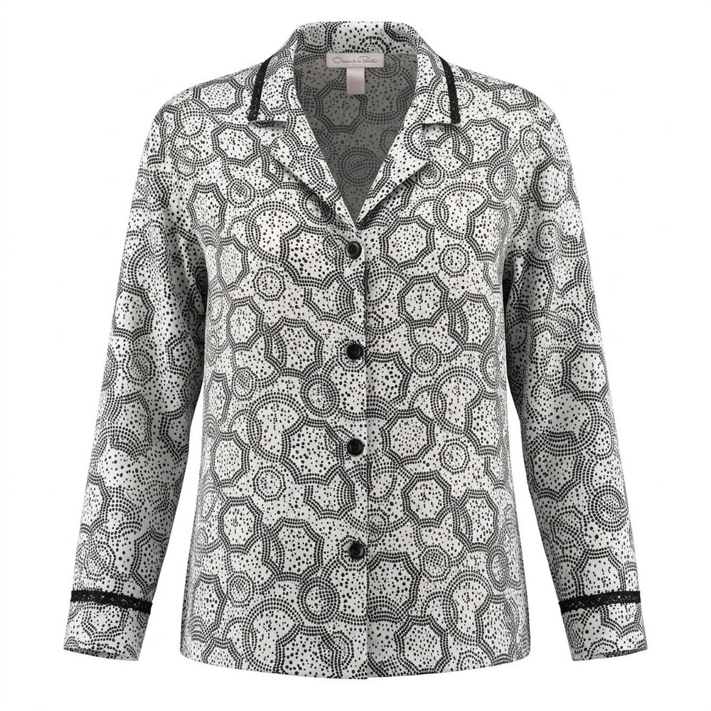 Oscar de la Renta White Lace Satin Geometric Button-Up Shirt Women Size M